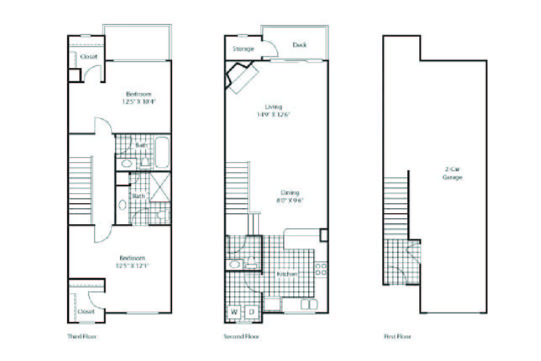 Floor plan for 2 beds, 2.5 baths, 1065 sqft
